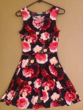 Black Mini Dress with Red and Pink Floral Print